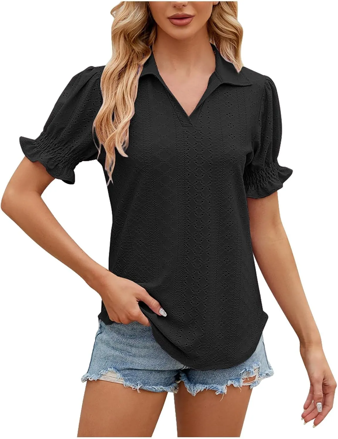Womens Tops Summer Puff Sleeve Lapel V Neck Tshirts Eyelet Loose Fit Tunic Shirts Hollow Out Casual Tees Blouses