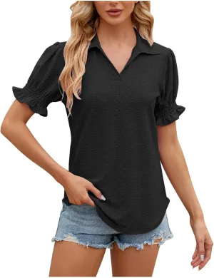 Womens Tops Summer Puff Sleeve Lapel V Neck Tshirts Eyelet Loose Fit Tunic Shirts Hollow Out Casual Tees Blouses