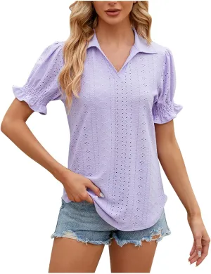 Womens Tops Summer Puff Sleeve Lapel V Neck Tshirts Eyelet Loose Fit Tunic Shirts Hollow Out Casual Tees Blouses