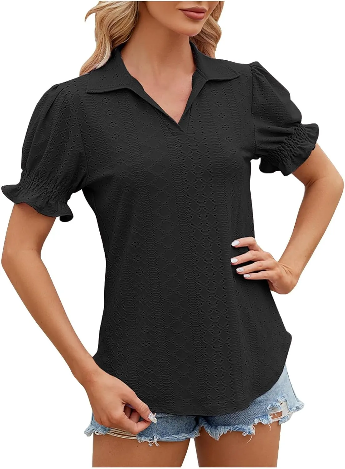 Womens Tops Summer Puff Sleeve Lapel V Neck Tshirts Eyelet Loose Fit Tunic Shirts Hollow Out Casual Tees Blouses
