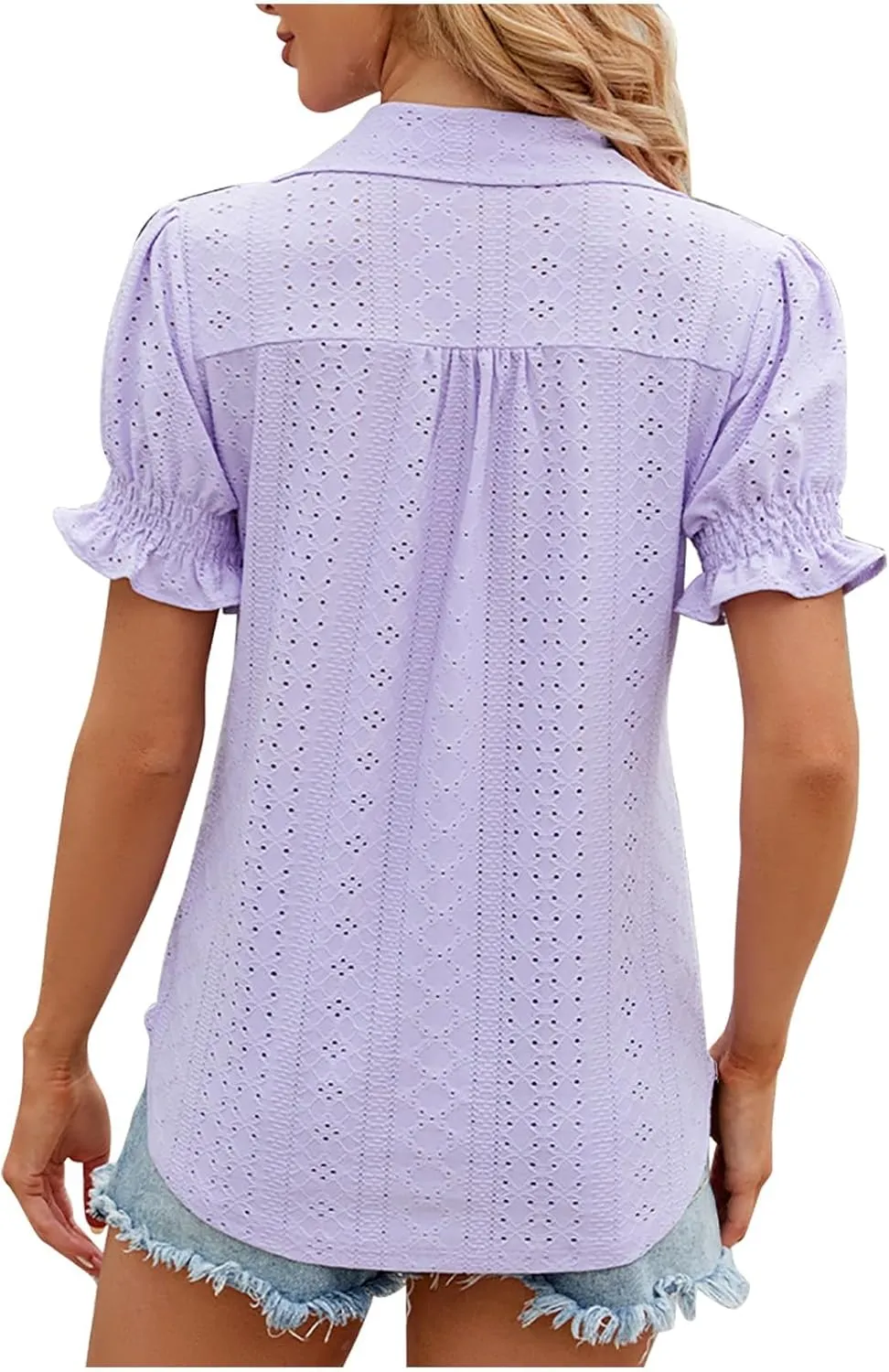 Womens Tops Summer Puff Sleeve Lapel V Neck Tshirts Eyelet Loose Fit Tunic Shirts Hollow Out Casual Tees Blouses