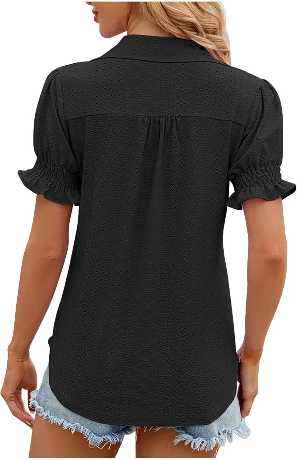 Womens Tops Summer Puff Sleeve Lapel V Neck Tshirts Eyelet Loose Fit Tunic Shirts Hollow Out Casual Tees Blouses