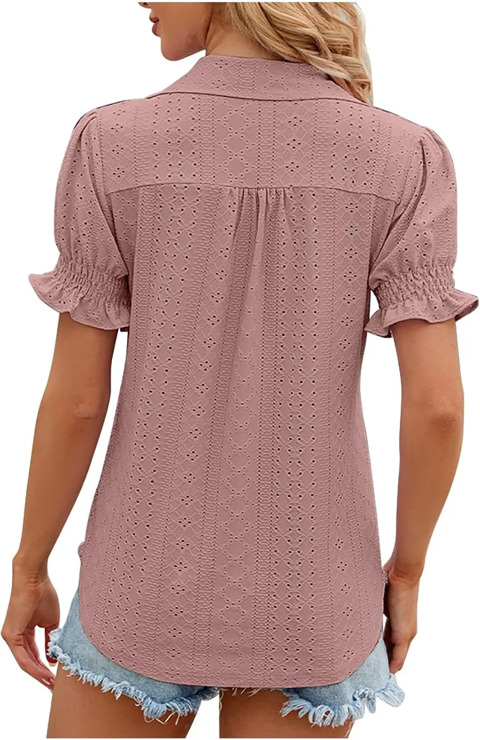 Womens Tops Summer Puff Sleeve Lapel V Neck Tshirts Eyelet Loose Fit Tunic Shirts Hollow Out Casual Tees Blouses