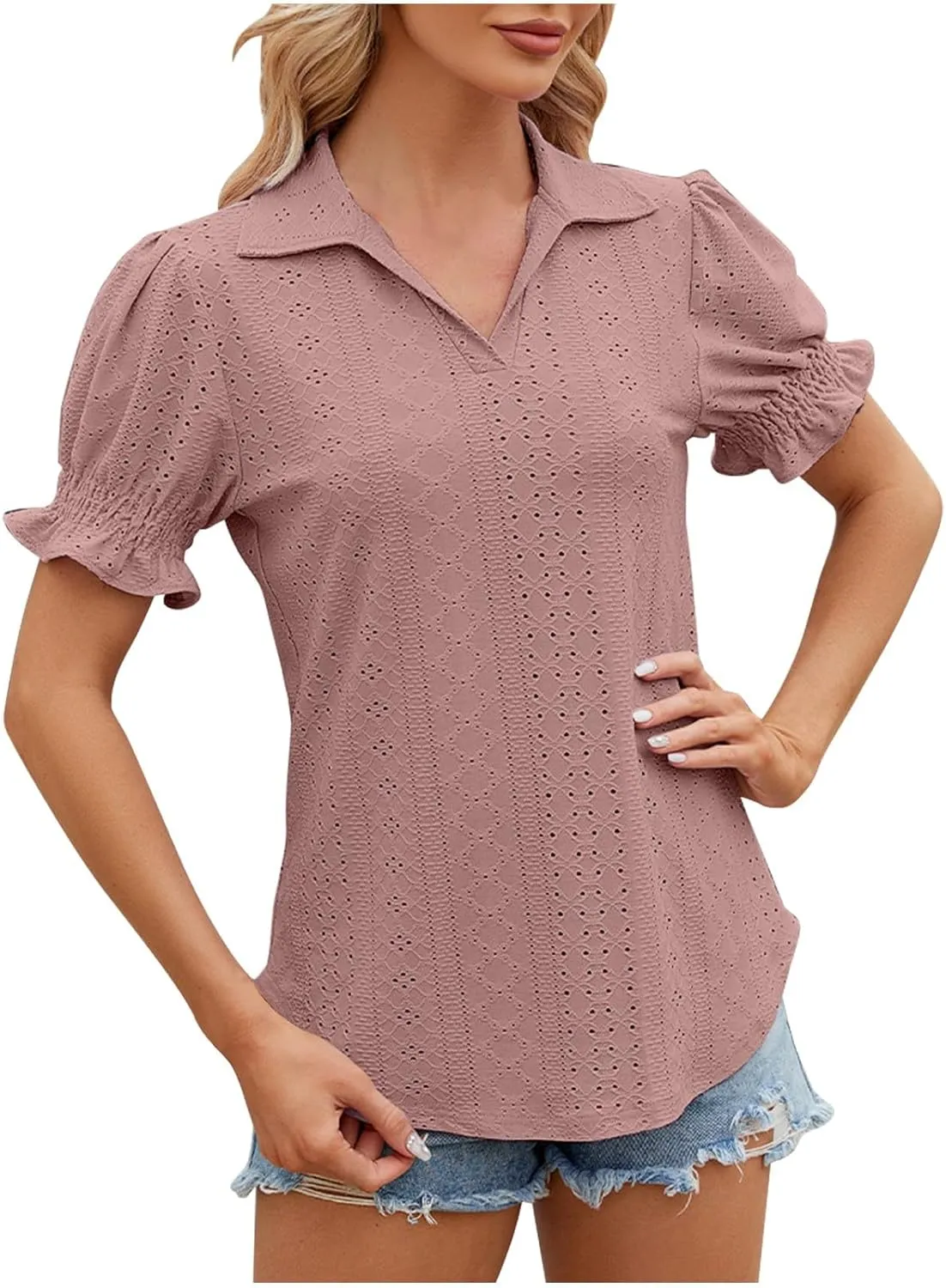 Womens Tops Summer Puff Sleeve Lapel V Neck Tshirts Eyelet Loose Fit Tunic Shirts Hollow Out Casual Tees Blouses