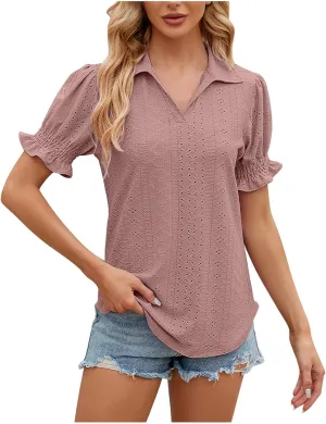 Womens Tops Summer Puff Sleeve Lapel V Neck Tshirts Eyelet Loose Fit Tunic Shirts Hollow Out Casual Tees Blouses