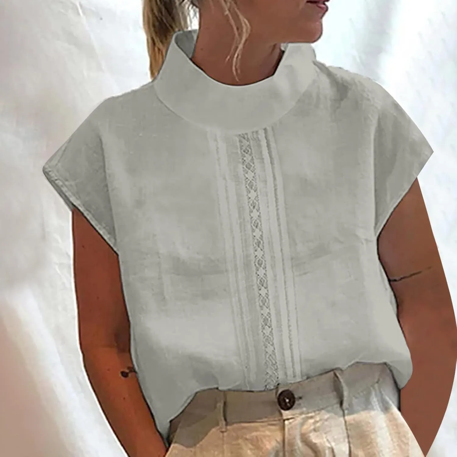 Womens Tshirts Cotton Linen Fashion Slim Fit High Neck Cap Sleeve Lace Shirt Summer Casual Sexy Cotton Linen Blouses