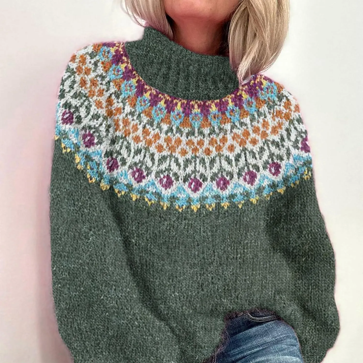 Womens Turtleneck Knitted Fair Isle Print Retro Sweater Long Sleeve Oversized Pullover Fall Sweaters for Women 2025