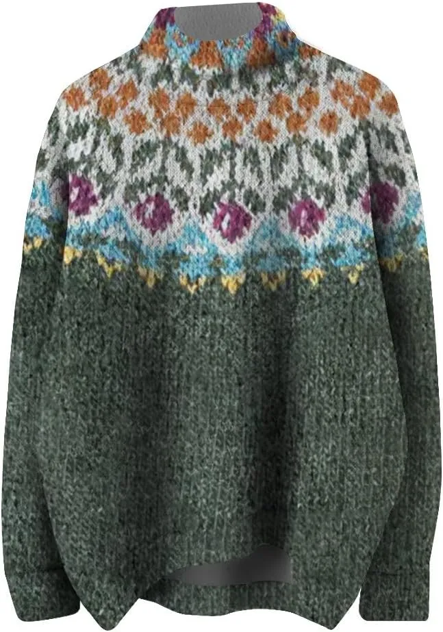 Womens Turtleneck Knitted Fair Isle Print Retro Sweater Long Sleeve Oversized Pullover Fall Sweaters for Women 2025