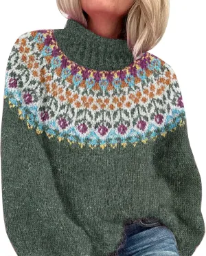 Womens Turtleneck Knitted Fair Isle Print Retro Sweater Long Sleeve Oversized Pullover Fall Sweaters for Women 2025