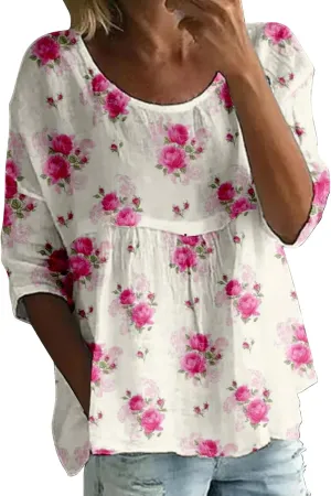 Women's Vintage Floral Print Top Oversized Crew Neck Blouse Breathable 3/4 Sleeve Comfy Work Casual Tees 2025