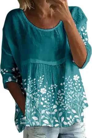 Women's Vintage Floral Print Top Oversized Crew Neck Blouse Breathable 3/4 Sleeve Comfy Work Casual Tees 2025