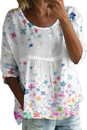 Women's Vintage Floral Print Top Oversized Crew Neck Blouse Breathable 3/4 Sleeve Comfy Work Casual Tees 2025