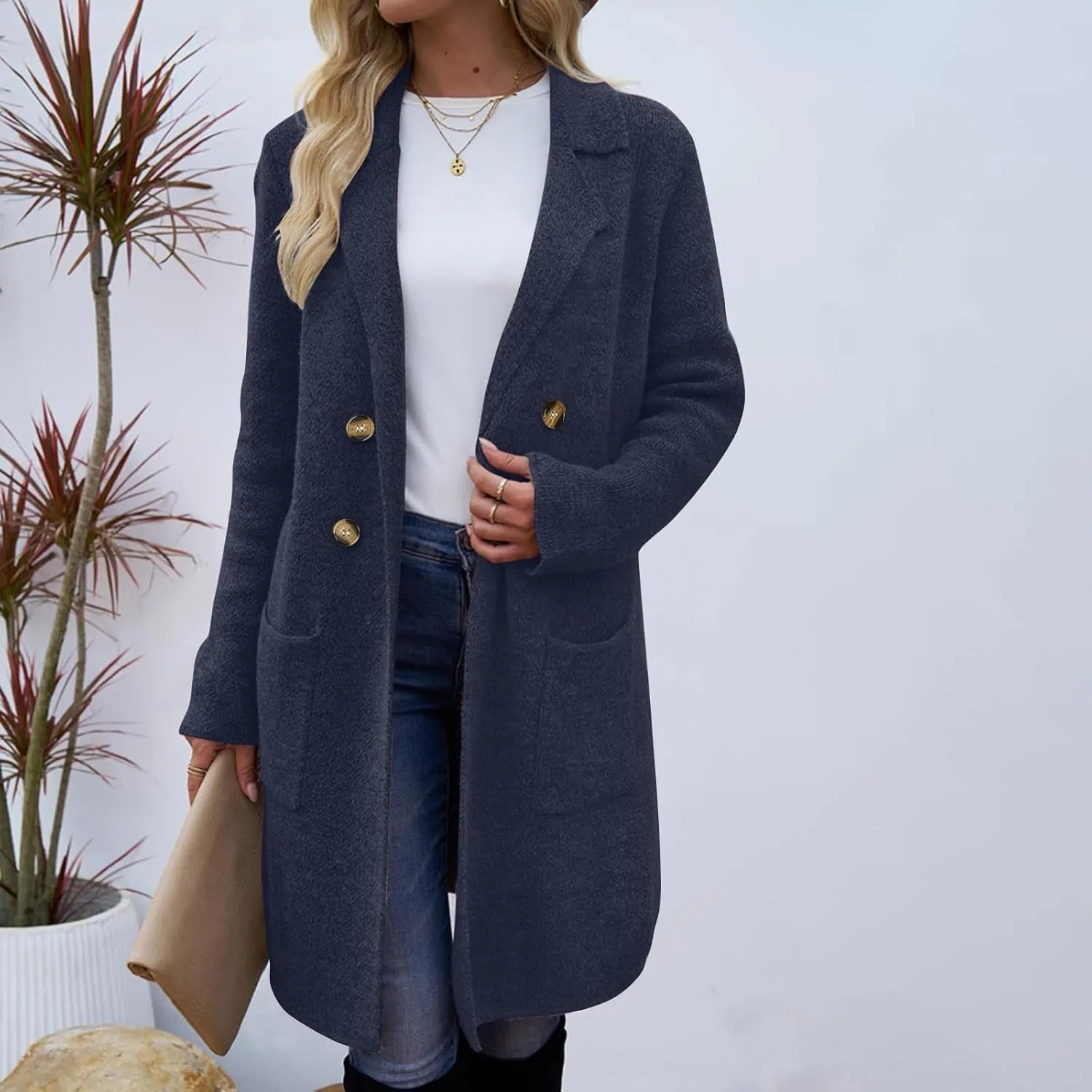 Women's Winter Thick Wool Blend Coat Lapel Double Breasted Office Work Long Pea Coat Overcoat Mid-Long Trench Coats