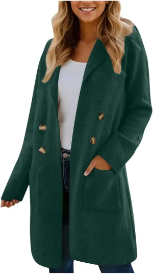 Women's Winter Thick Wool Blend Coat Lapel Double Breasted Office Work Long Pea Coat Overcoat Mid-Long Trench Coats