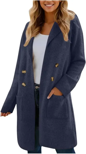 Women's Winter Thick Wool Blend Coat Lapel Double Breasted Office Work Long Pea Coat Overcoat Mid-Long Trench Coats