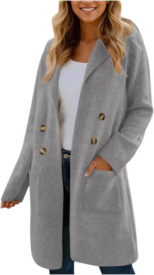 Women's Winter Thick Wool Blend Coat Lapel Double Breasted Office Work Long Pea Coat Overcoat Mid-Long Trench Coats