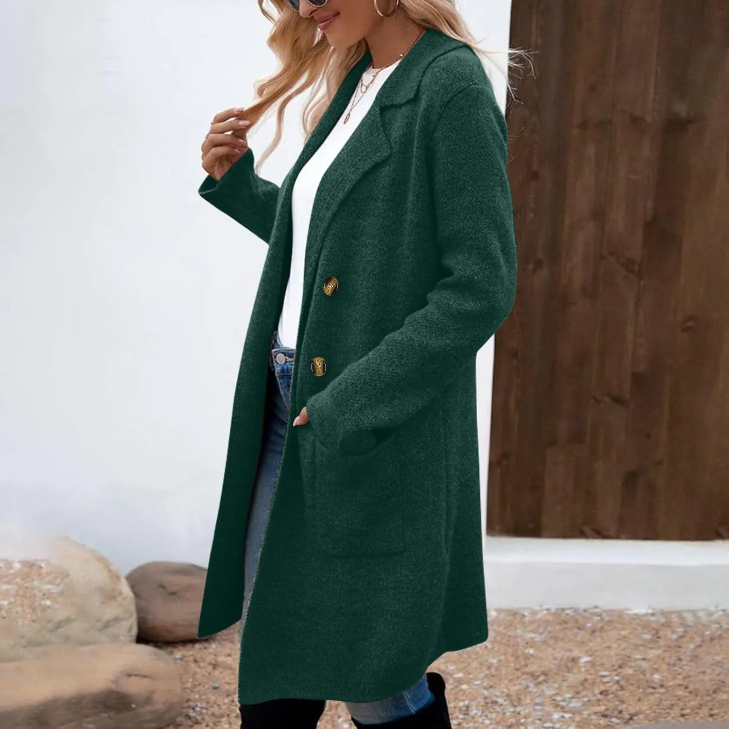 Women's Winter Thick Wool Blend Coat Lapel Double Breasted Office Work Long Pea Coat Overcoat Mid-Long Trench Coats