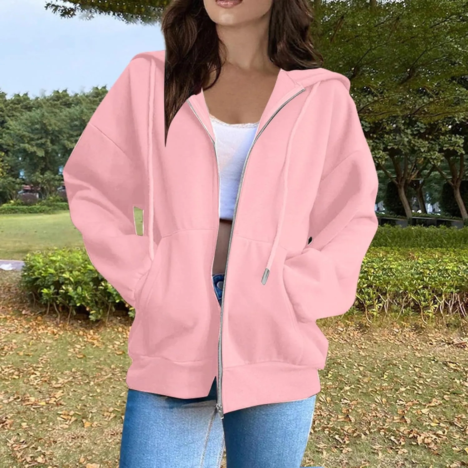 Womens Zip Up Hoodies Long Sleeve Oversized Sweatshirts Y2K Jacket with Pockets 2025 Fall Fashion Clothes
