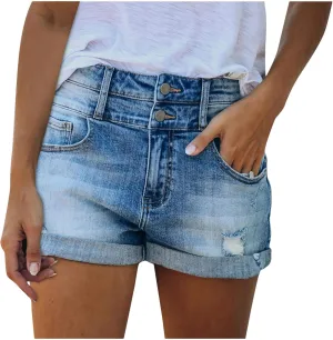 XIAOBU Curled Denim Shorts Womens High Waisted Button Zipper Ripped Jean Shorts Pocket Solid Casual Hot Pants,Blue,XL