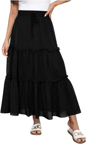 Xiaojmake Womens Flowy Boho Maxi Skirt Elastic High Waist Pleated A Line Tiered Casual Summer Beach Long Skirts with Pockets