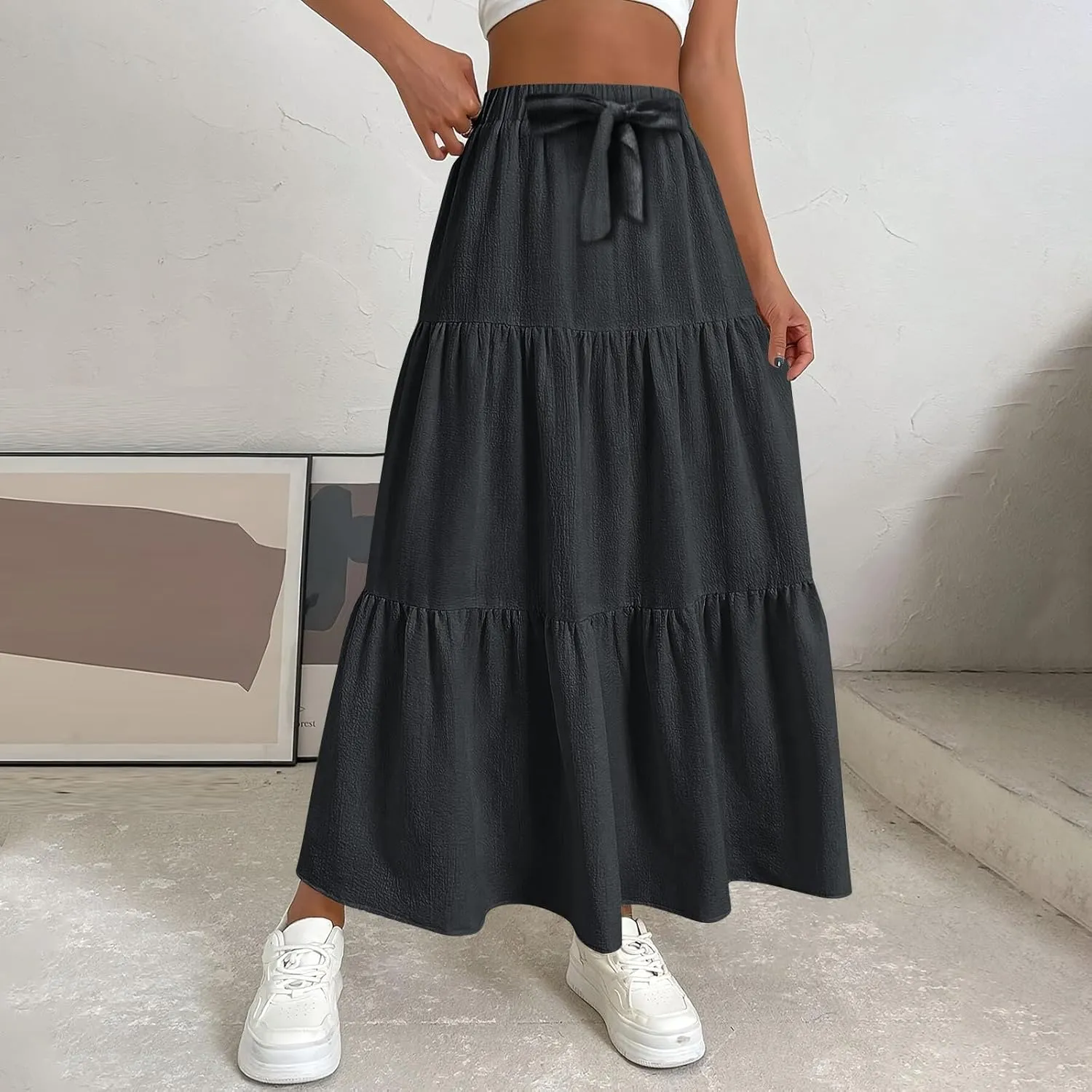 XOWRTE Women's 2025 Bohemian Long Skirts Flowy High Waist A Line Maxi Skirts for Women Summer Pleated Mini Skirts