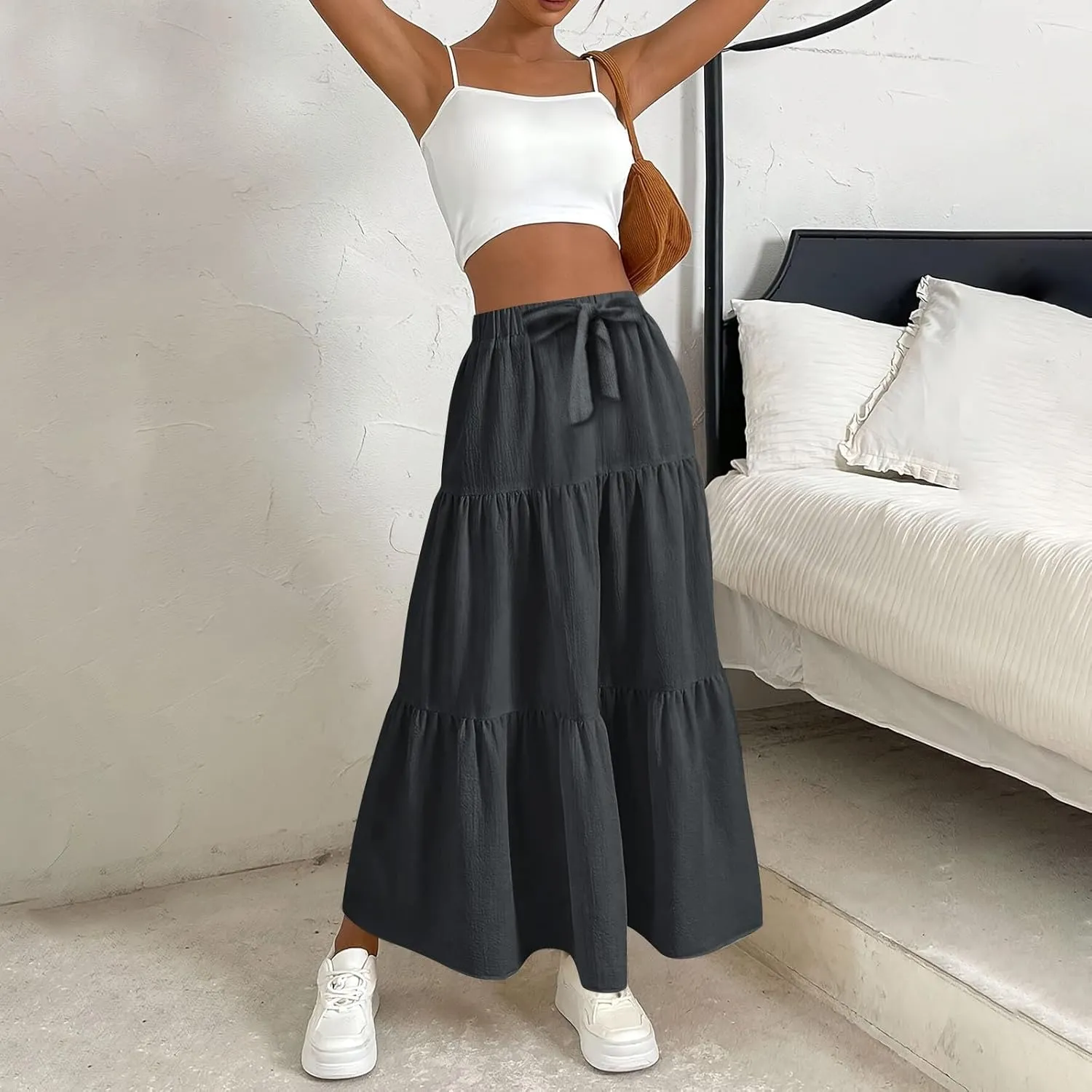 XOWRTE Women's 2025 Bohemian Long Skirts Flowy High Waist A Line Maxi Skirts for Women Summer Pleated Mini Skirts