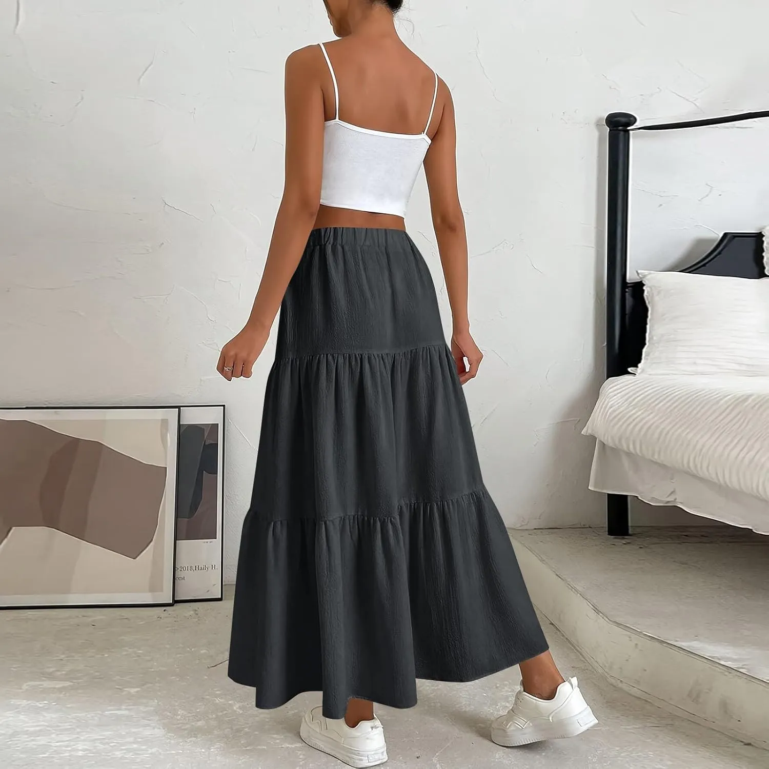 XOWRTE Women's 2025 Bohemian Long Skirts Flowy High Waist A Line Maxi Skirts for Women Summer Pleated Mini Skirts