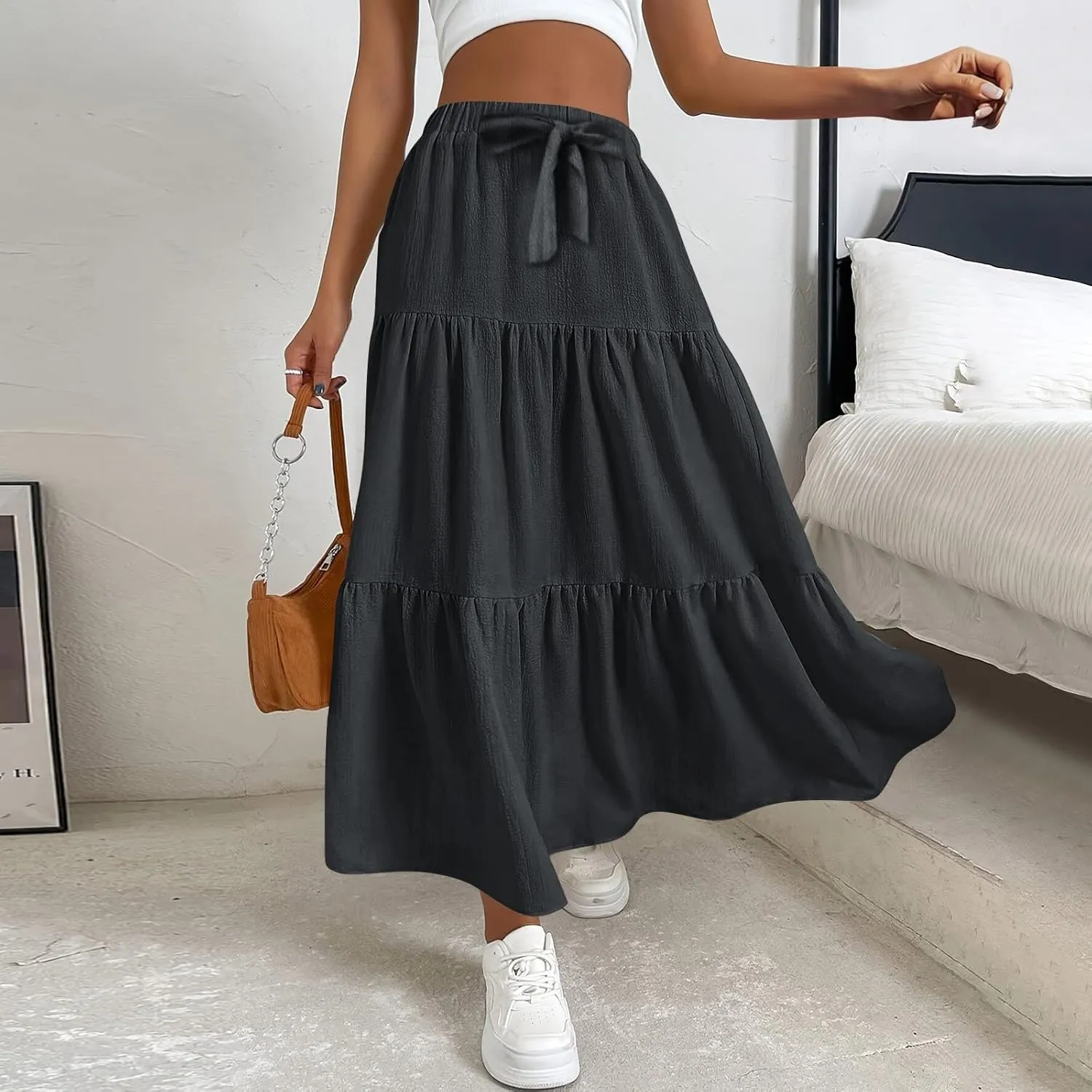 XOWRTE Women's 2025 Bohemian Long Skirts Flowy High Waist A Line Maxi Skirts for Women Summer Pleated Mini Skirts