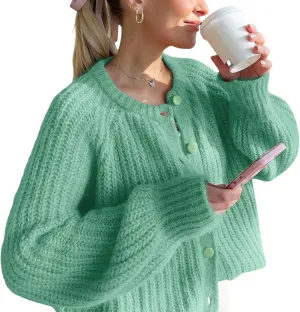 Yimoon Womens Y2K Cardigan Sweater Crewneck Long Sleeve Button Down Cropped Knit Cardigan Outwear 2024