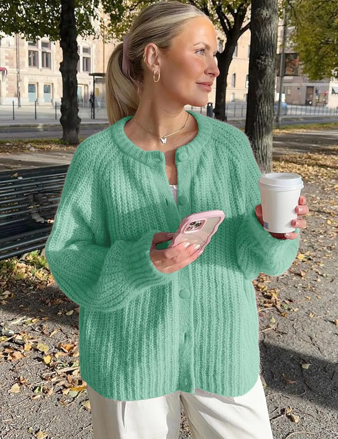 Yimoon Womens Y2K Cardigan Sweater Crewneck Long Sleeve Button Down Cropped Knit Cardigan Outwear 2024