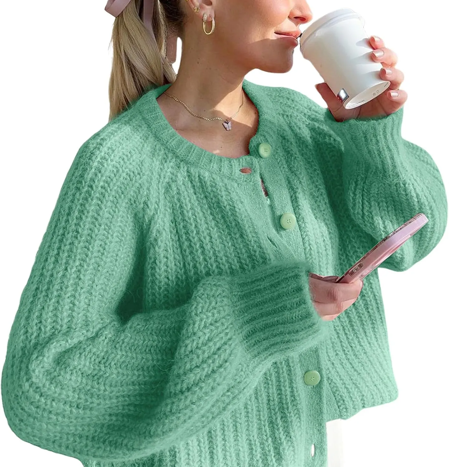 Yimoon Womens Y2K Cardigan Sweater Crewneck Long Sleeve Button Down Cropped Knit Cardigan Outwear 2024