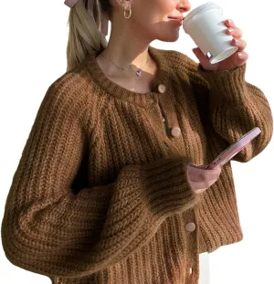 Yimoon Womens Y2K Cardigan Sweater Crewneck Long Sleeve Button Down Cropped Knit Cardigan Outwear 2024