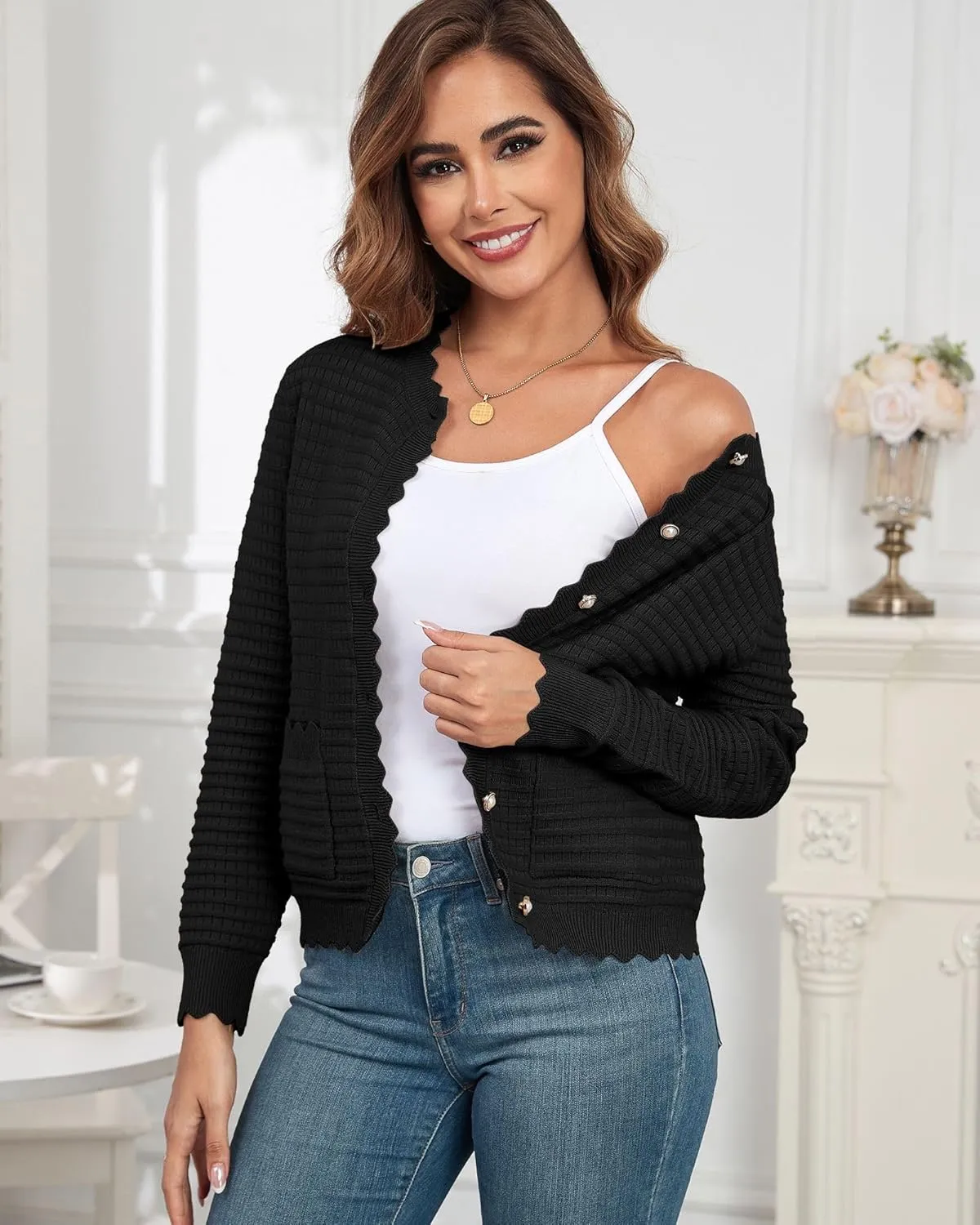 ZAFUL Women's Cardigan Sweaters 2024 Casual Long Sleeve Open Front Button Down Tweed Knit Cardigans Fall Jackets Outerwear