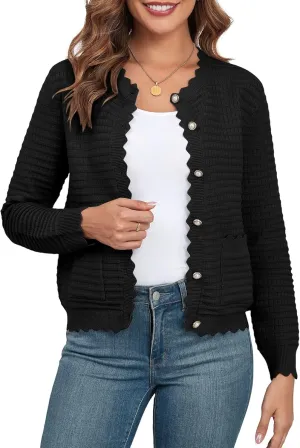 ZAFUL Women's Cardigan Sweaters 2024 Casual Long Sleeve Open Front Button Down Tweed Knit Cardigans Fall Jackets Outerwear
