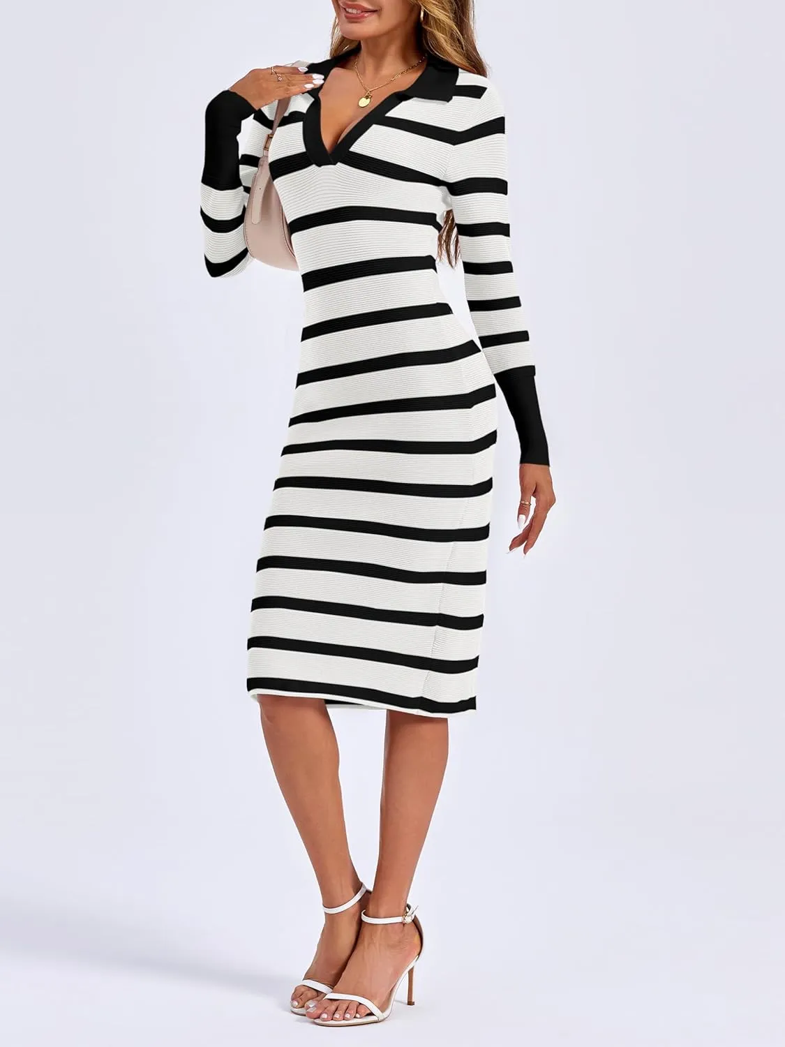 Zwurew Women's Fall Sweater Dresses 2024 Stripes V Neck Long Sleeve Side Slit Bodycon Dress