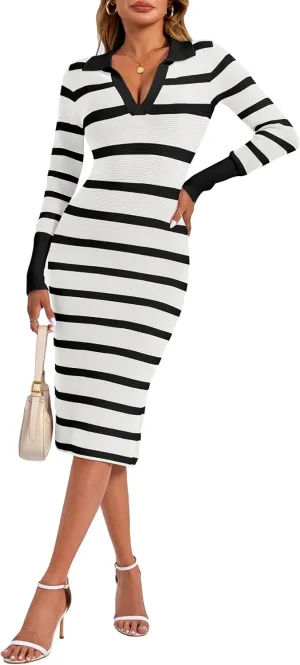 Zwurew Women's Fall Sweater Dresses 2024 Stripes V Neck Long Sleeve Side Slit Bodycon Dress