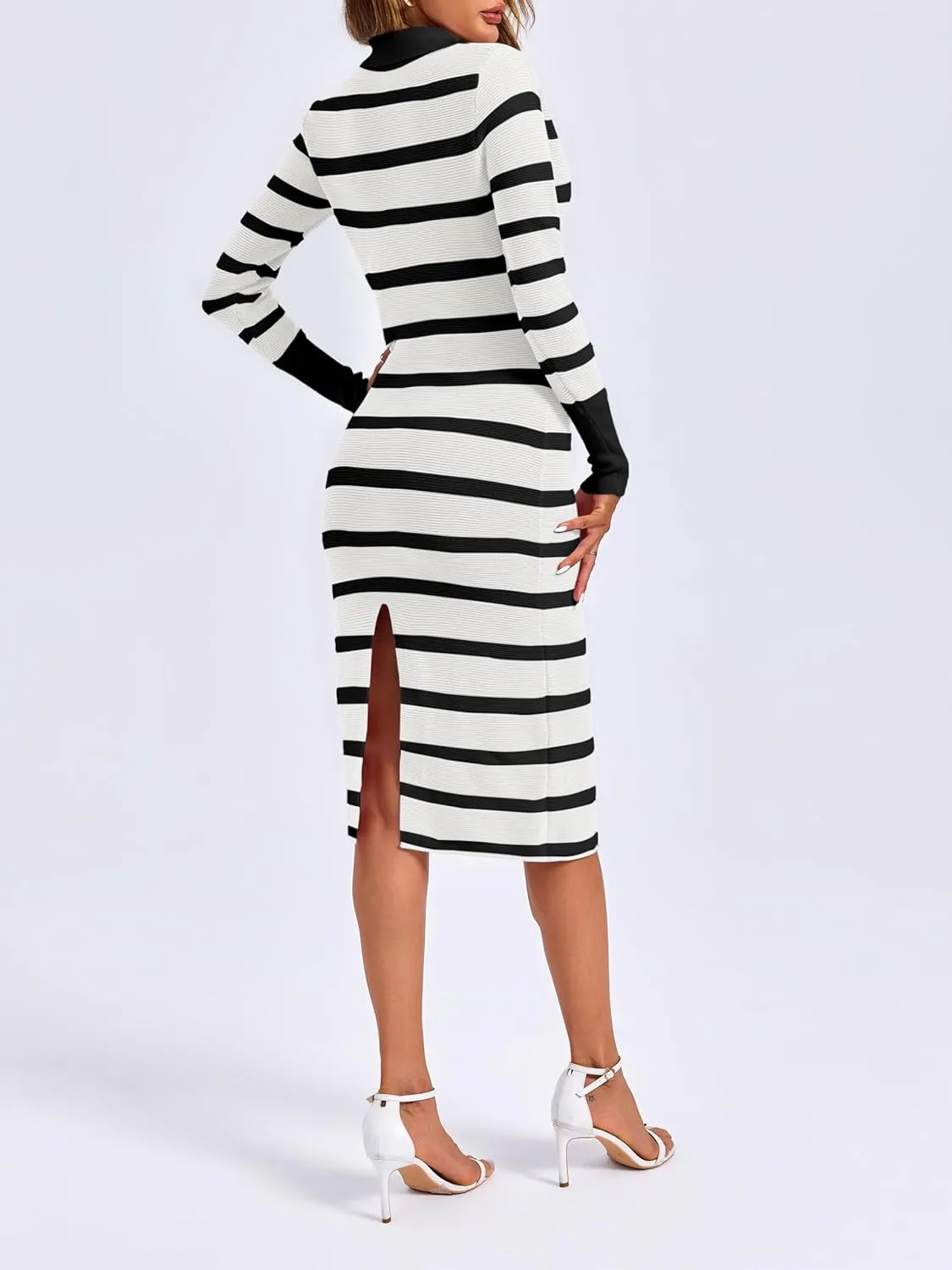 Zwurew Women's Fall Sweater Dresses 2024 Stripes V Neck Long Sleeve Side Slit Bodycon Dress