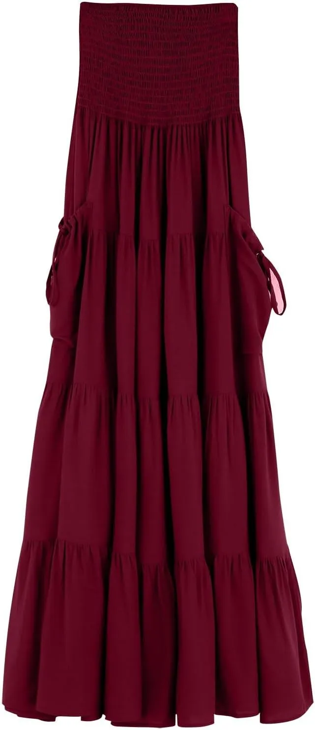 ZYXTIM Women's Summer Boho Maxi Skirt Elastic High Waist Boho Double Layered Pleated Beach Long Dress with Pockets Drawstring