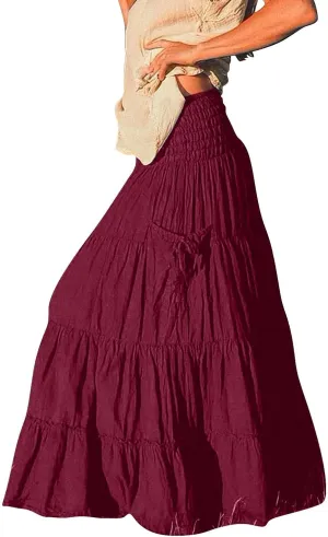 ZYXTIM Women's Summer Boho Maxi Skirt Elastic High Waist Boho Double Layered Pleated Beach Long Dress with Pockets Drawstring