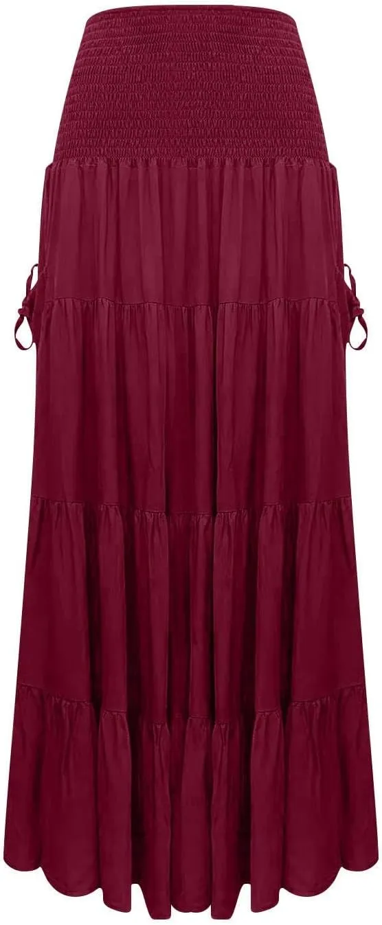 ZYXTIM Women's Summer Boho Maxi Skirt Elastic High Waist Boho Double Layered Pleated Beach Long Dress with Pockets Drawstring