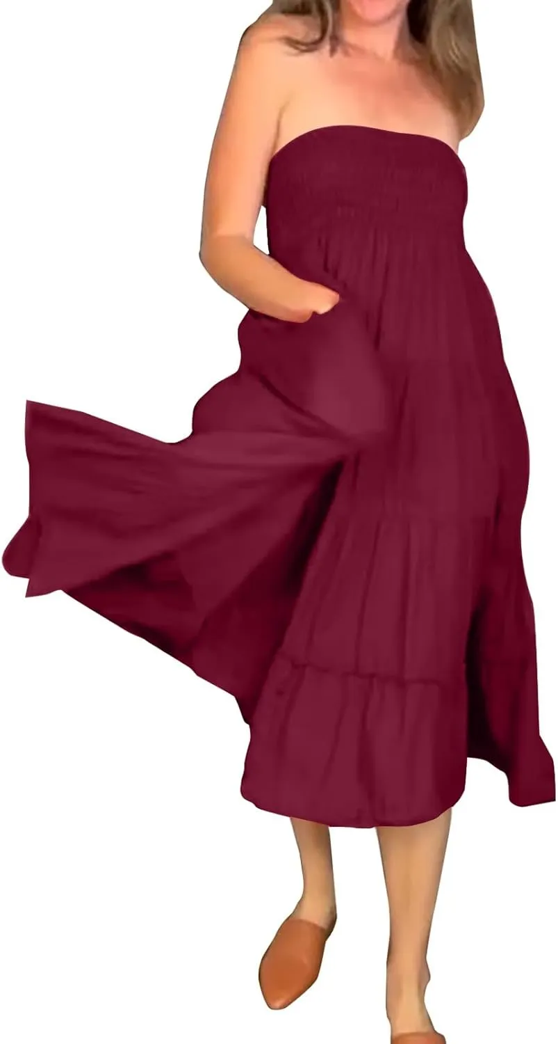 ZYXTIM Women's Summer Boho Maxi Skirt Elastic High Waist Boho Double Layered Pleated Beach Long Dress with Pockets Drawstring