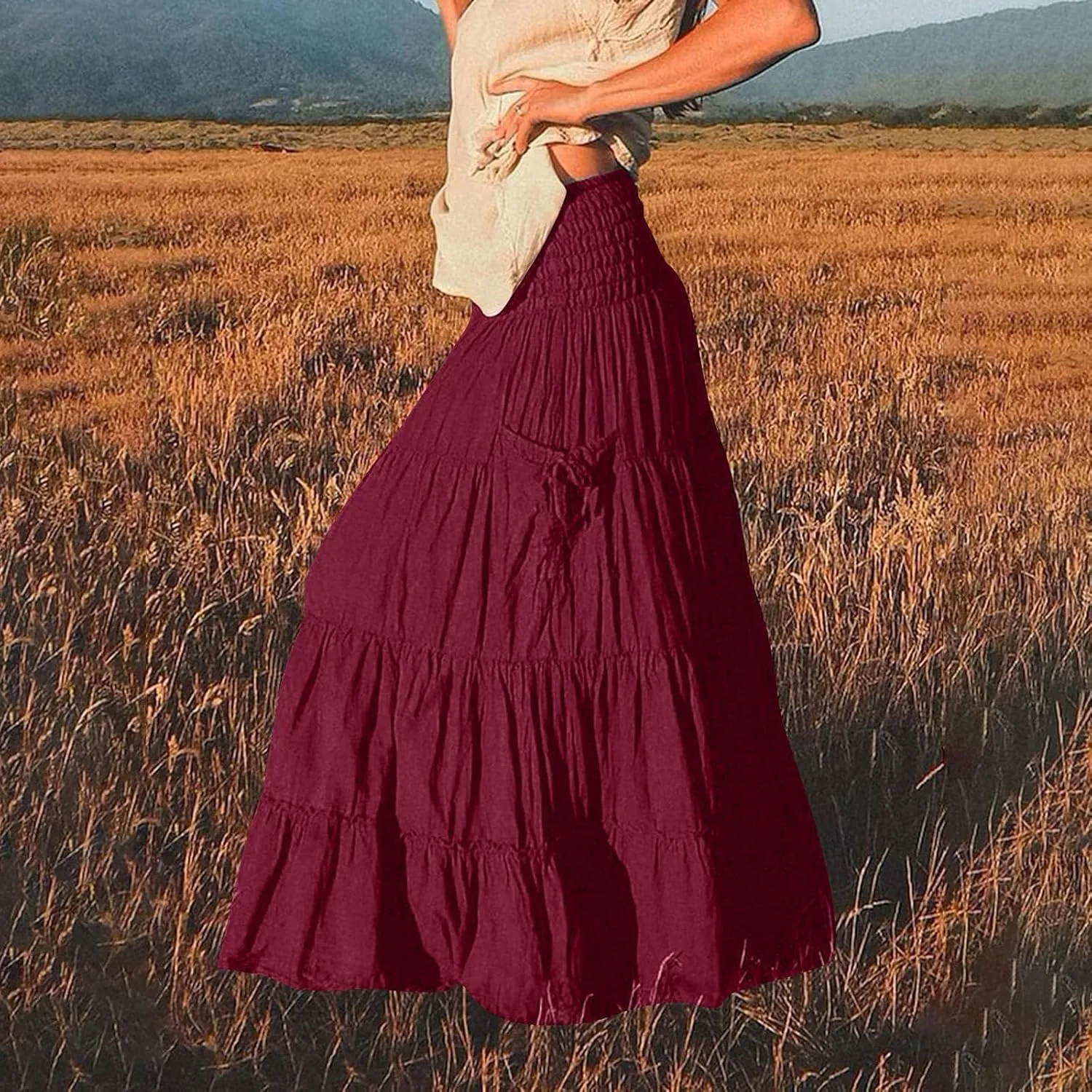 ZYXTIM Women's Summer Boho Maxi Skirt Elastic High Waist Boho Double Layered Pleated Beach Long Dress with Pockets Drawstring