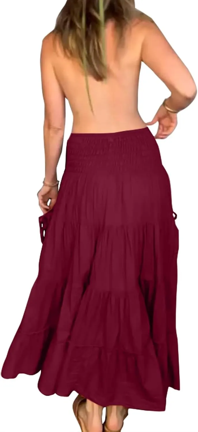ZYXTIM Women's Summer Boho Maxi Skirt Elastic High Waist Boho Double Layered Pleated Beach Long Dress with Pockets Drawstring